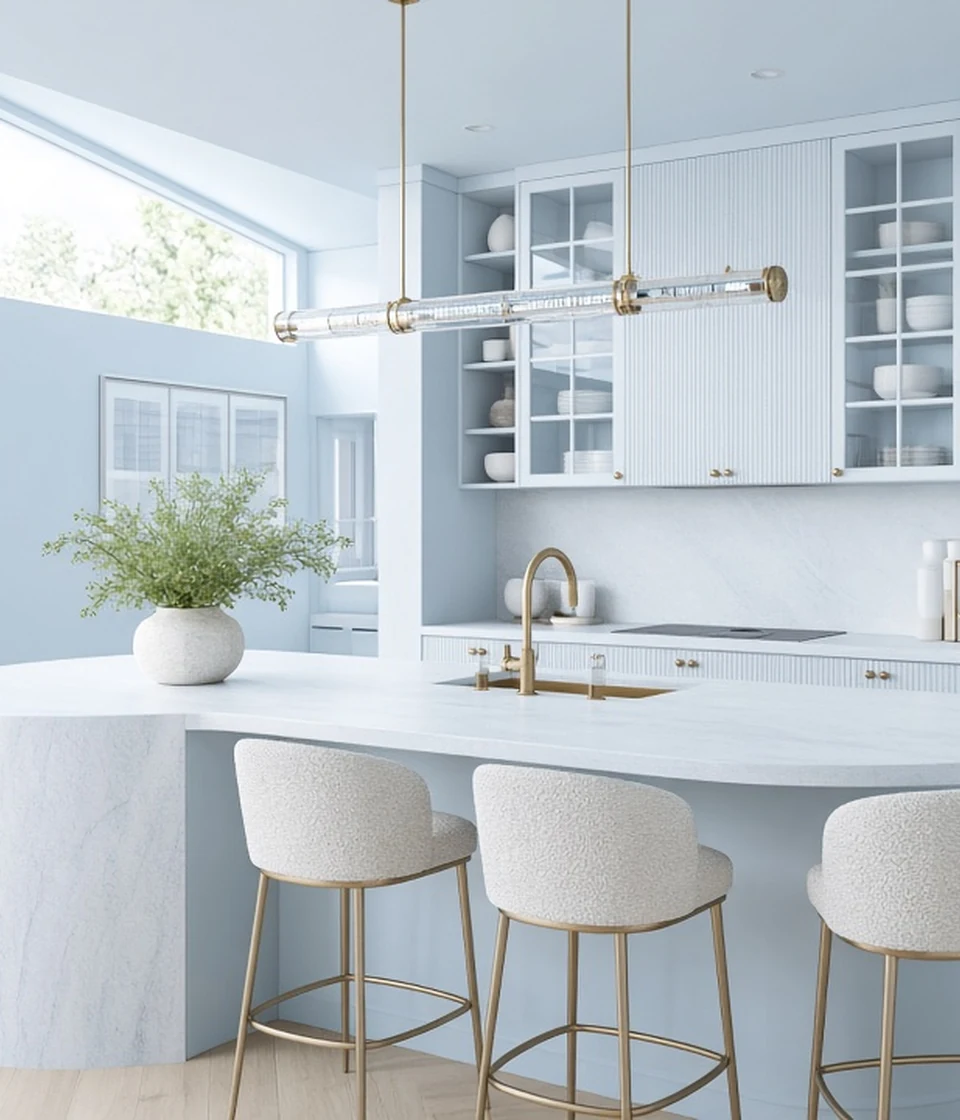 Bright light-blue kitchen with peninsula cabinetry