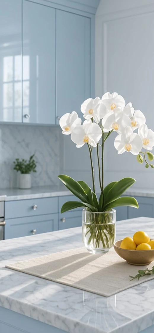 Cool blue kitchen detail with floral accent