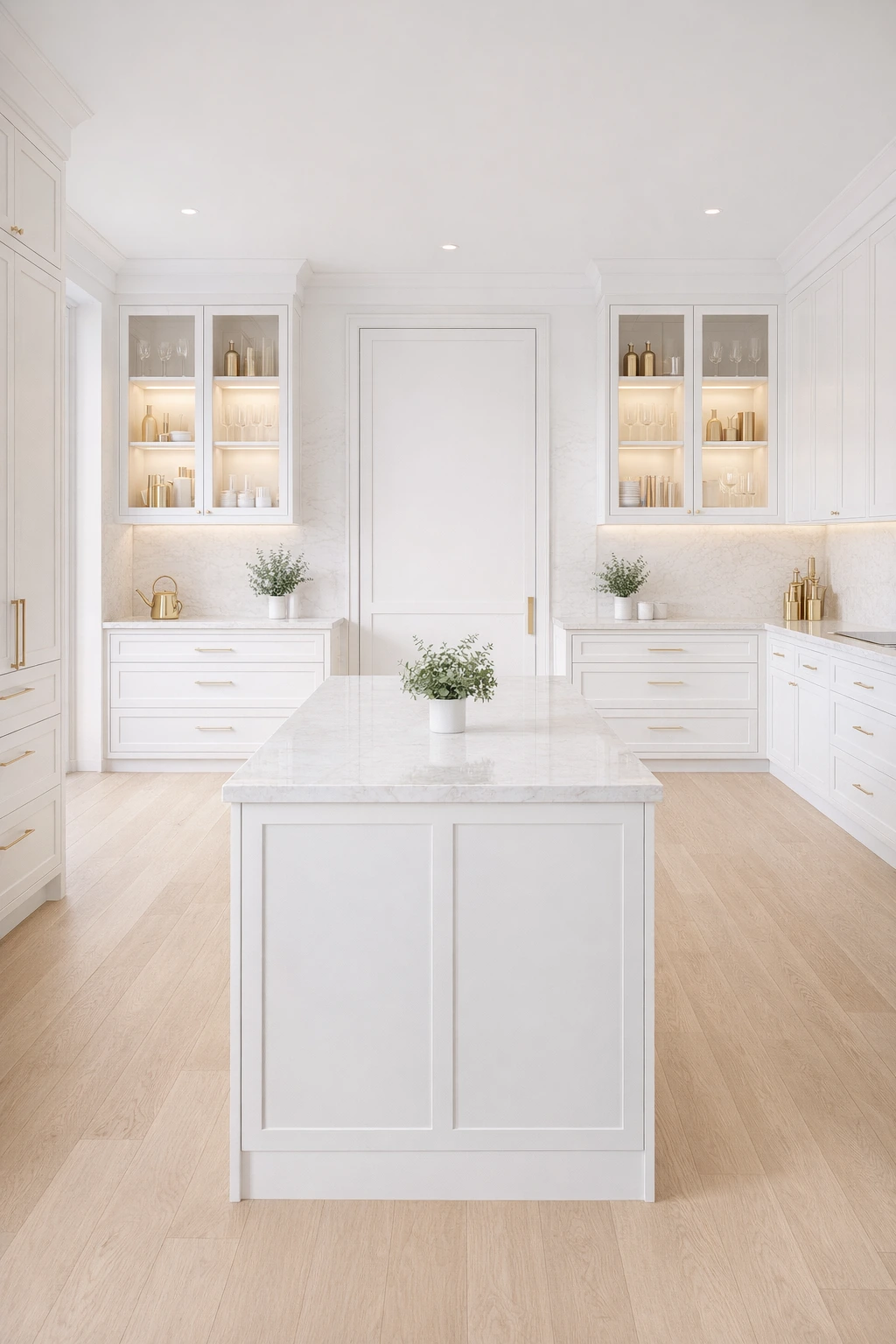 A bright kitchen with linear white cabinetry