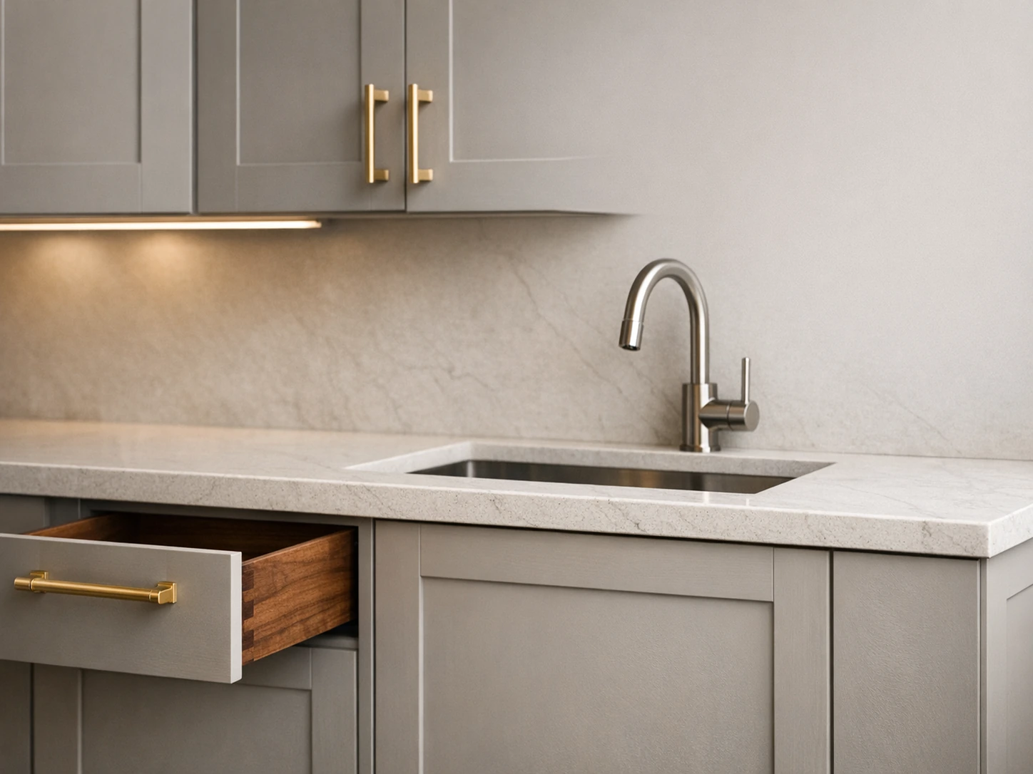 Joinery, hardware, and stone in close detail