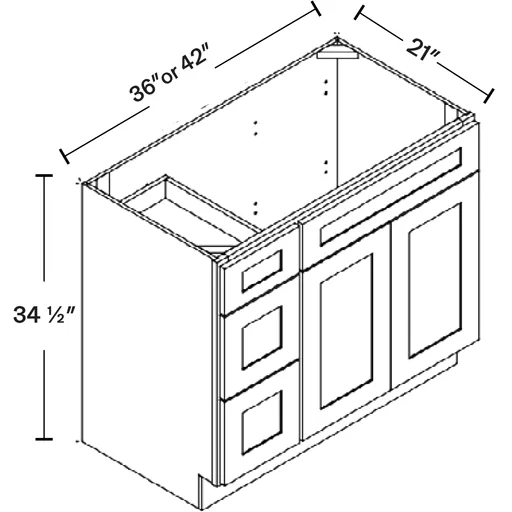 Vanité Meuble sous évier - 36"L x 34-1/2"H x 21“D, 3 Left Drw，1 False Drw，2D